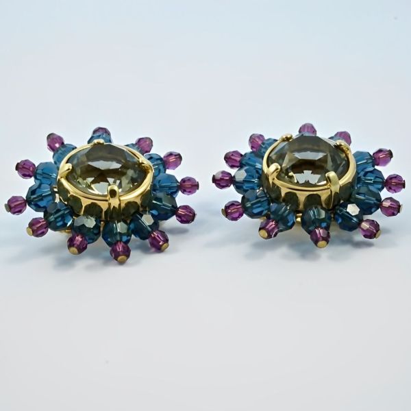 Swarovski Pink Blue Gold Star Burst Crystal Clip On Earrings